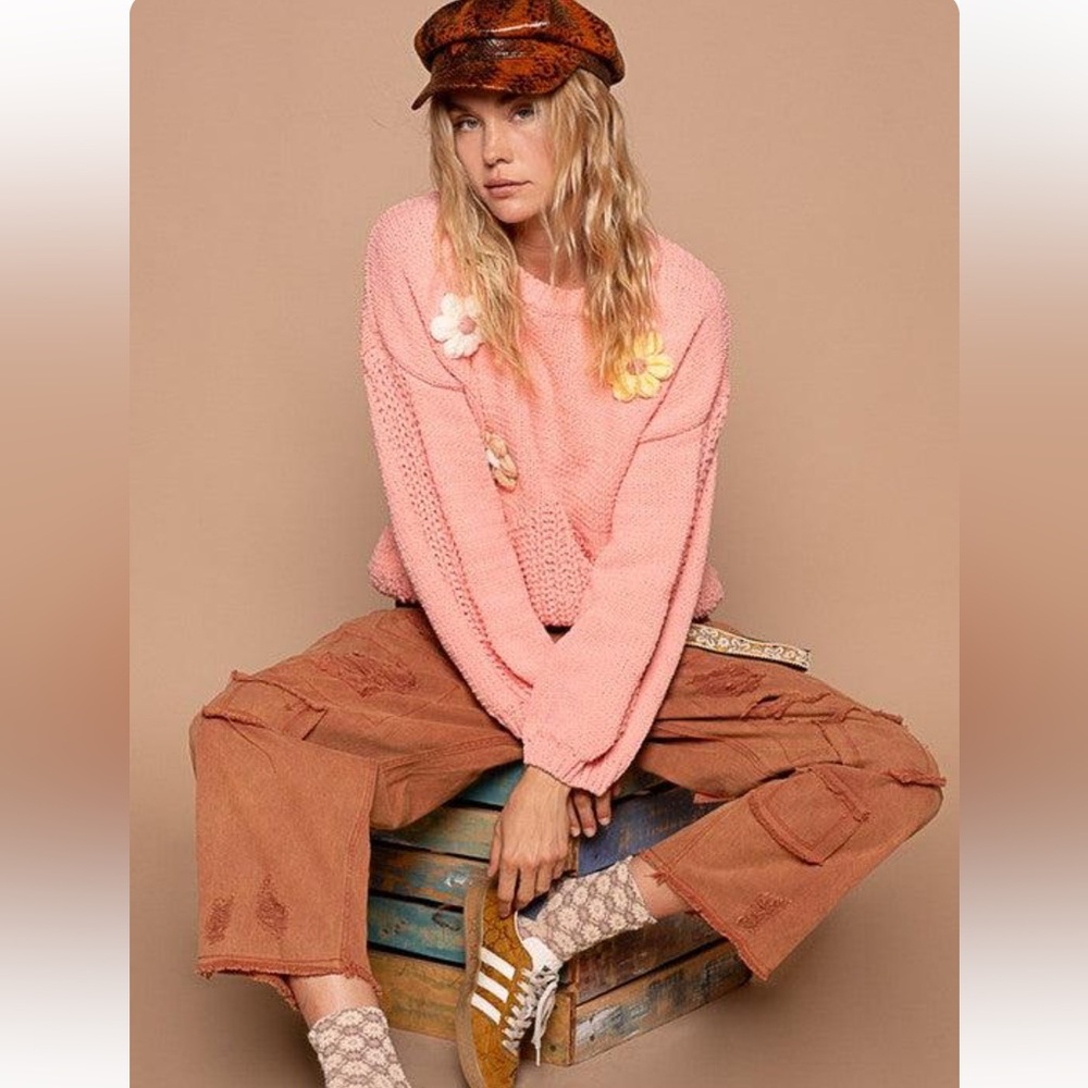 Pol Peach Flower Sweater NWOT